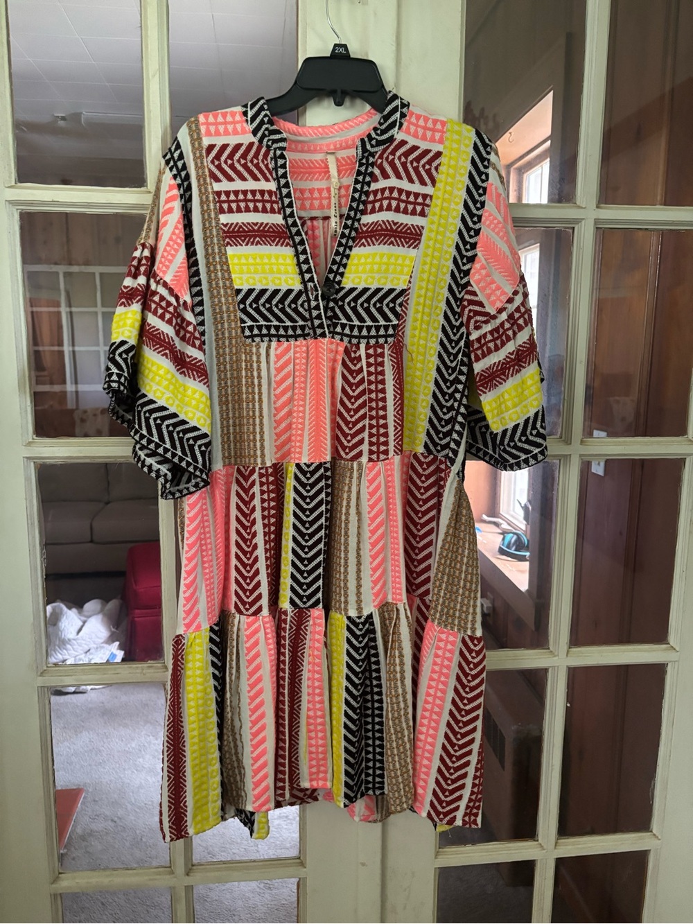Uncle Frank Geometric Tiered Midi Dress in Pink, Yellow, Brown & Black